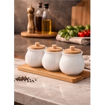 3 Lü Bambu Standlı Porselen Baharatlık Set Baharat Saklama Kavanoz Takımı Diğer