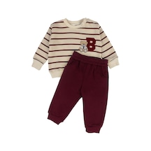 By Bebekodam Erkek Bebek Ayıcık Nakışlı Çizgili Sweatshirt Eşofman Takımı Mor