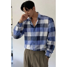 Erkek Ekose-kareli Gömlek Slim Fit Pamuk Karışımlı Klasik Tarz Uzun Kollu Gömlek Metalik