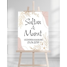 Söz Nişan Düğün İçin 50x70 Karşılama Panosu - Altın Çiçek Desenli 003 Beyaz
