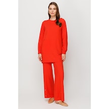 Doğal Kumaş Rahat Kullanımlı Pantolon Tunik Takım Mercan-mercan Mercan