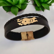 Archin D Harfine Özel Türkiye Haritalı 14 Ayar Altın Plakalı Siyah Derili Hediye Bileklik-449harf D