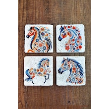 Doğal Taş Bardak Altlığı 4'lü Set 10x10x1 Cm Renkli At Baskılı -stone Coasters Çok Renkli