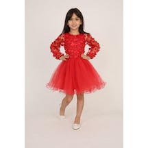 Kız Çocuk Çiçekli İşlemeli Kırmızı Tüllü Elbise