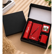 Kişiye Özel İsimli Defter Kalem Fincan Fotoğraf Kırmızı Set -