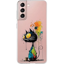 Samsung Galaxy S21 İle Uyumlu Splash Kedi Tasarımlı Şeffaf Silikon Kılıf Şeffaf