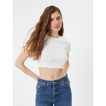 Koton Basic Crop Tişört Ribanalı Kısa Kollu Bisiklet Yaka Slim Fit Ekru 4sal10054ık 4SAL10054IK010 Ekru