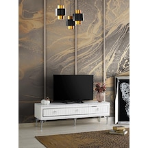 150 CM KLAS METAL AYAK MDF MEBRAN KAPAK TV SEHPASI BEYAZ GÜMÜŞ