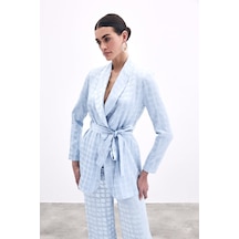 Sateen Kare Desenli Kuşaklı Ceket - Bebe Mavi-135792 Bebe Mavi