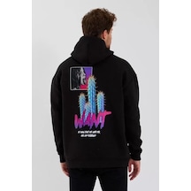 Yake Store Erkek Baskılı Üç İplik Kapüşonlu Oversize Sweatshirt - Siyah - Siyah