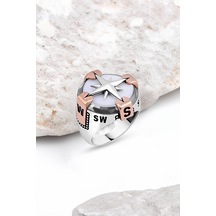 Beyaz Onix Taşlı Pusulalı Gümüş Erkek Yüzük -4252 Gümüş