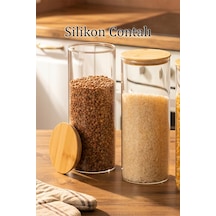 Porsima 3-3 Bambu Vakumlu Kapaklı Yuvarlak Cam 6lı Kavanoz Seti Saklama Kabı 1650ml 10x25cm Cam - Şeffaf