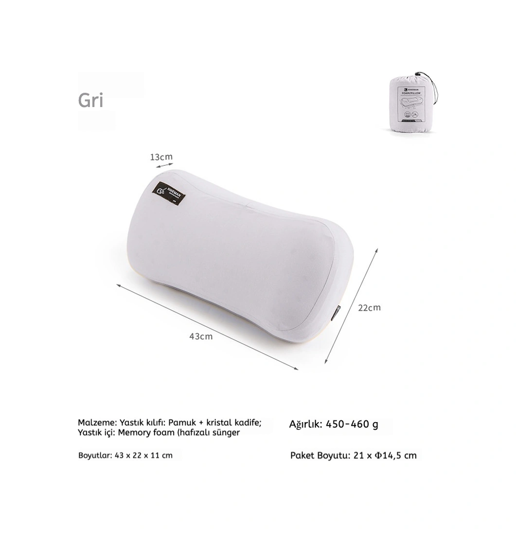 Hıkeman Kamp Yastığı Hafif, Memory Foam Seyahat, Kamp, Ofis Ve Bel Destek Yastığı Gri