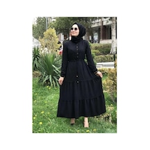 Hb Harma Time Butik Kadın Düğmeli Dantel Detaylı Beli Bağcıklı Ayrobin Siyah Elbise Siyah Siyah