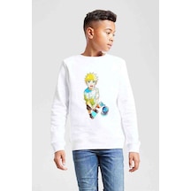 Tshirthane Anime Naruto Uzumaki Baskılı Unisex Çocuk Beyaz Sweatshirt Beyaz