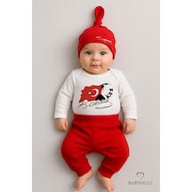 Babyden's Atatürk Baskılı 3 Lü Bebek Takımı %100 Pamuk Uzun Kollu Çıtçıtlı Body Pantolon Şapka Yenidoğan Seti Kırmızı - Beyaz