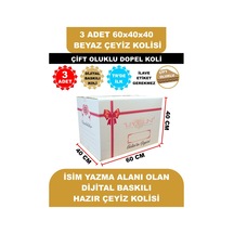3 Adet 60x40x40 Kurdale Baskılı Beyaz Çeyiz Kolisi, İsim Yazma Alanı Renkli Baskı, Çift Oluklu