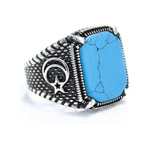 Gümüş Ayyıldız Desenli Firuze Taşlı Erkek Yüzük