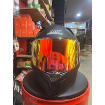 M-910 Güneş Vizörlü Siyah Kask Kırmızı Gold Camlı