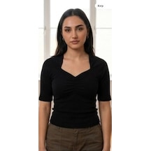 Kadın Drapeli Yaka Slim Fit Bluz , Şık Ve Zarif Günlük Stil Siyah