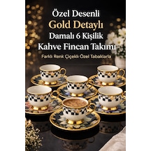 Porselen Gold Ayaklı Renkli Tombul Dama Desenli 6 Lı Türk Kahve Fincan Takımı-balsa Fincan Takımı Sarı - Çok Renkli