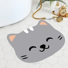 Kedi Desenli Banyo Paspası, Kaymaz Taban Paspas, 50x60 Cm Gri