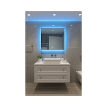 Digital Hayat Buğu Çözücü Dokunmatik Dimlenebilir Kare Ayna Mavi Işıklı Led Dekoratif Banyo Makyaj Aynası Mavi