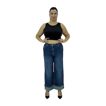Büyük Beden Denim Toparlayıcı Yüksek Bel Taşlı Geniş Paça Kadın Pantolon Mavi