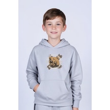 Kapüşonlu Kanguru Cepli Beear Baskı Detaylı Erkek Çocuk Sweatshirt Gri