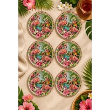 6 Lı Cam Çay Tabağı - Tropikal Flamingo Ve Çiçek Desenli 12 Cm - 6 Adet Çay Tabak Pembe