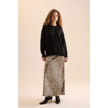 Defacto Straight Fit Normal Bel Leopar Desenli Saten Maxi Etek D6886axnser103 Ekru
