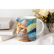 Van Gogh Tarzı Yıldızlı Gece Kedi Kupa Renkli Sanatsal Kahve Çay Bardak - Kedili Hediye Beyaz