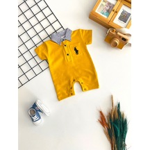 Neşeli Bebekler Nakışlı Polo Yaka Alttan Çıt Çıtlı Önden Düğmeli Yazlık Kısa Penye Tulum Sarı