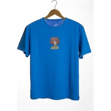 Kadın Mavi Bisiklet Yaka Önü Anime Kızı Baskılı Oversize T-shirt Mavi