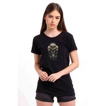 Cool Skull With Metal Rock Music Baskılı Siyah Kadın Tshirt