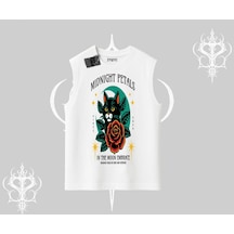 Tarzsokak Midnight Petals Kedi Baskılı Kolsuz Tshirt Beyaz