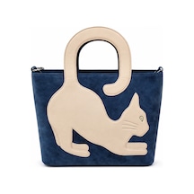 Levano Leather Hakiki Deri Kadın El Ve Omuz Çantası Kedi Figürlü Fermuarlı Çanta Lacivert