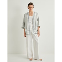 Koton Kimono Geniş Yarım Kollu Cepli Keten Karışımlı Mavi Çizgili 4sak50011pw Mavi Çizgili Mavi