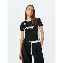 Koton Bisiklet Yaka Slogan Baskılı Biyeli Kısa Kollu Slim Fit Tişört Siyah 5sal10086ık Siyah