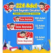 Türk Bayraklı Çocuklar Okul Kreş Kişiye Özel İsim Etiket Seti - Model 487 Çok Renkli