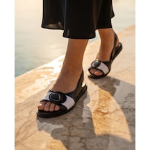 Futsishoes Agate Siyah Beyaz Hakiki Deri Çift Renk Toka Detaylı Kadın Sandalet Siyah - Beyaz