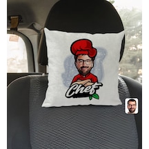 Bk Gift Kişiye Özel Erkek Chef Karikatürlü Kare Araç Koltuk Yastığı-10 Çok Renkli