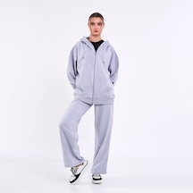 Mmetalic Kadın Gri Normal Kalıp Basic Beli Lastikli Kapüşonlu Oversize Mevsimlik Alt Üst Eşofman Takımı