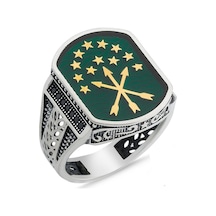 Fkgümüş Yeşil Mineli Çerkez Bayraklı Erkek Gümüş Yüzük
