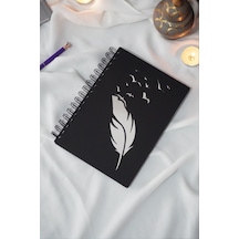 Kuşlu Tüy Tasarım Siyah Ahşap A5 Spiralli Okul Defteri - Çizgisiz Defter - Günlük - A5 Notebook