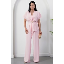Kalopya Kruvaze Yaka Tokalı Pantolon İkili Takım Grs3983 Pembe