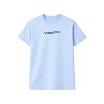 Unisex Vibes Baskılı Oversize Tişört %100 Pamuk Bisiklet Yaka Günlük Streetwear Trend T-shirt Bebe Mavi