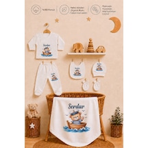 Pia Baby Kişiye Özel Erkek Bebek Zıbın Set 6 Parça %100 Pamuk İsimli Organik Baskılı Battaniyeli 1102bz0x Krem
