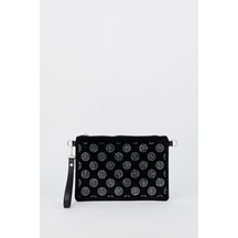 Vivaq Kadın Puantiyeli Gümüş Taşlı Süet Bilek Askılı Ve Zincir Askılı Portföy Ve Clutch Çanta SİYAH