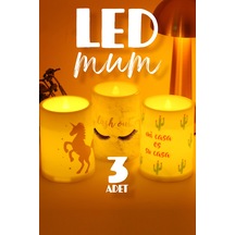 3lü Led Mum Unicorn Kirpik Kaktüs Bardak Tipi Pilli Dumansız Alevli Dekoratif Yapay Mum Dekor Lamba